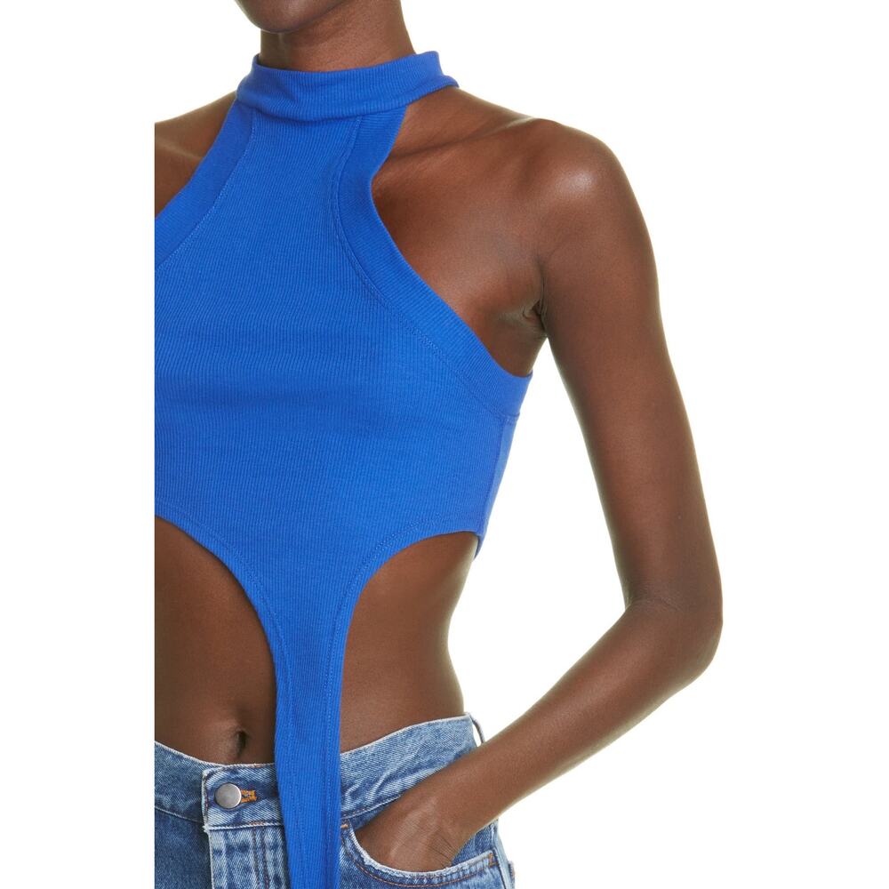 K.ngsley Bright Blue Race Her Ribbed Asymmetrical Cropped Halter Tank Top Small - Picture 3 of 10